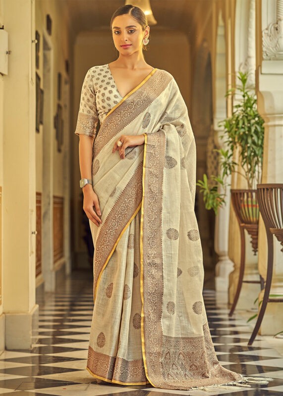 Beige Linen Saree