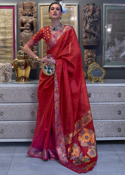 Bridal Red Organza Silk Banarasi Saree