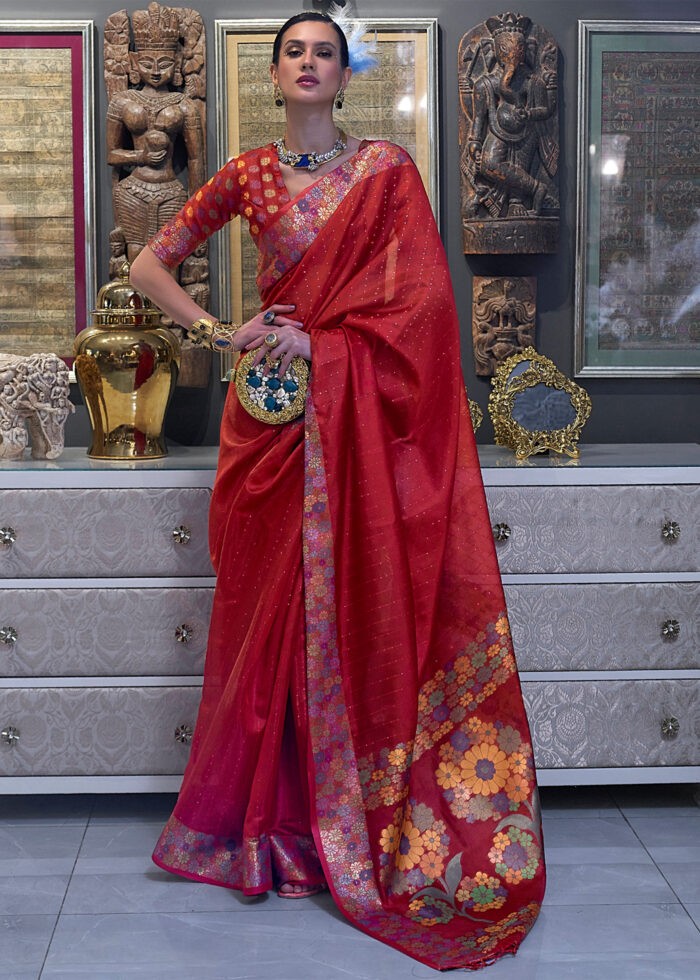 Bridal Red Organza Silk Banarasi Saree