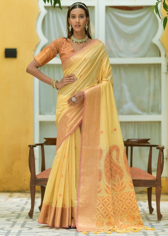 Bright Yellow Cotton Silk Saree