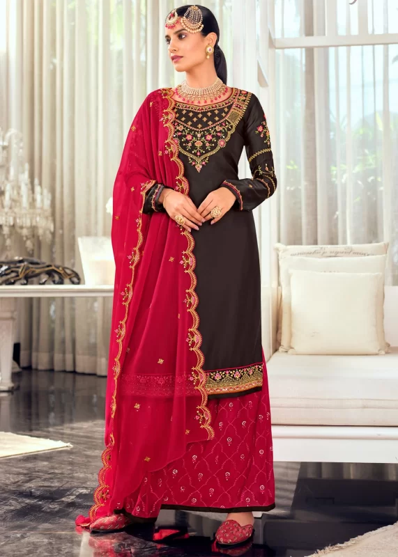 Brown & Venetian Red Georgette Sharara Suit