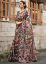 Coffee Kalamkari Linen Saree