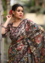 Coffee Kalamkari Linen Saree