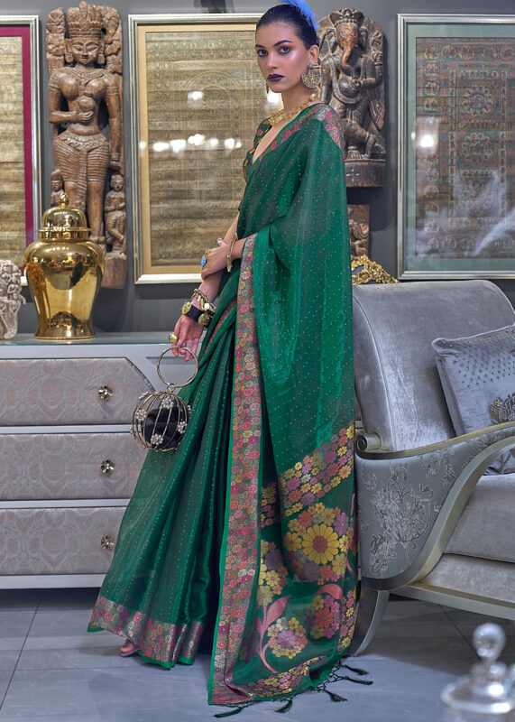 Dark Green Organza Silk Banarasi Saree