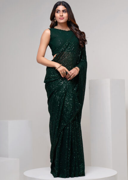 Emerald Green Sequins Embroidery Georgette Saree