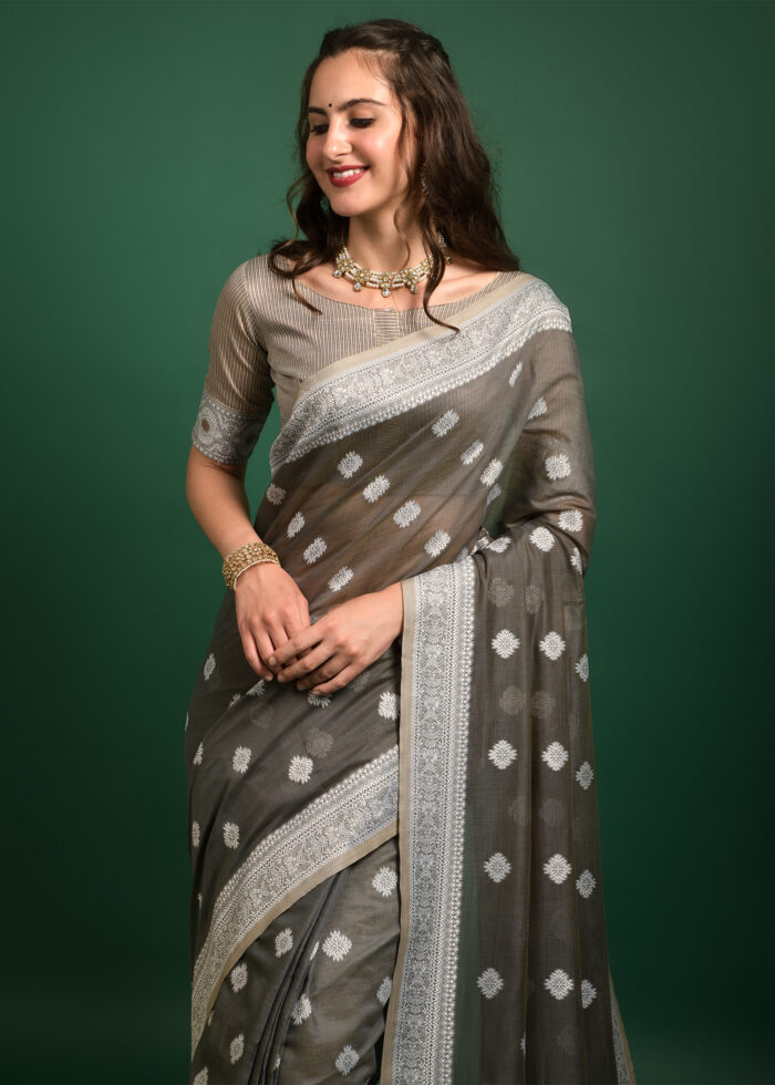 Gray Lucknowi Chikankari Chanderi Saree