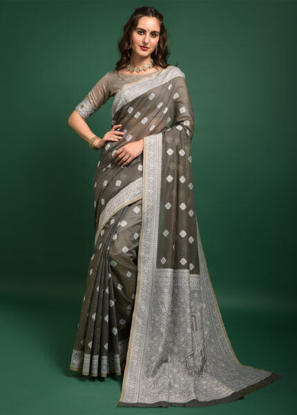 Gray Lucknowi Chikankari Chanderi Saree