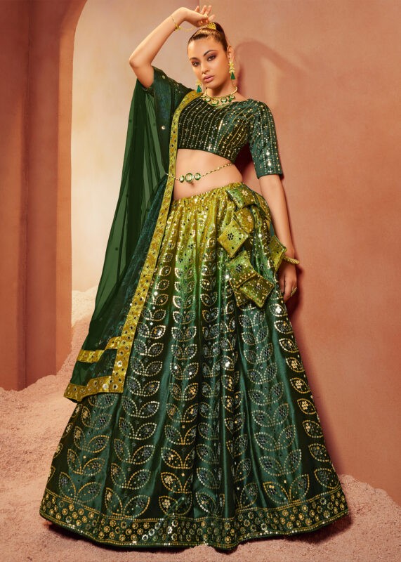 Green Velvet Lehenga with Mirror Work