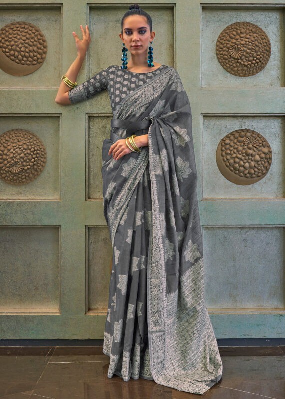 Iron Gray Lucknowi Chikankari Saree