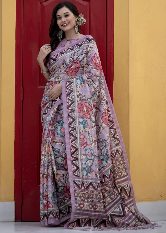 Lilac Purple Kalamkari Linen Saree