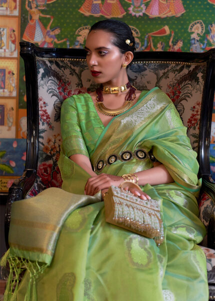 Lime Green Banarasi Organza Saree