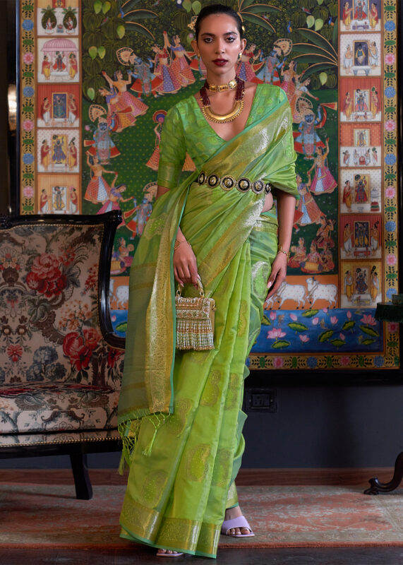 Lime Green Banarasi Organza Saree