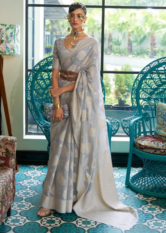 Metal Gray Lucknowi Chikankari Saree