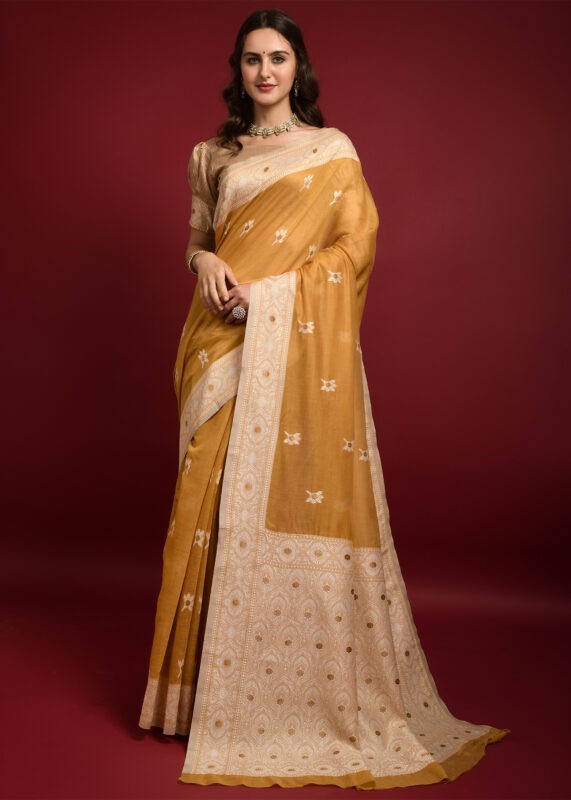 Mustard Yellow Chikankari Chanderi Saree