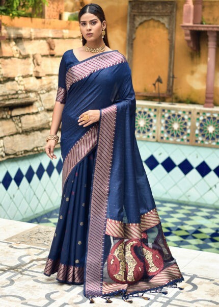 Navy Blue Cotton Silk Banarasi Saree