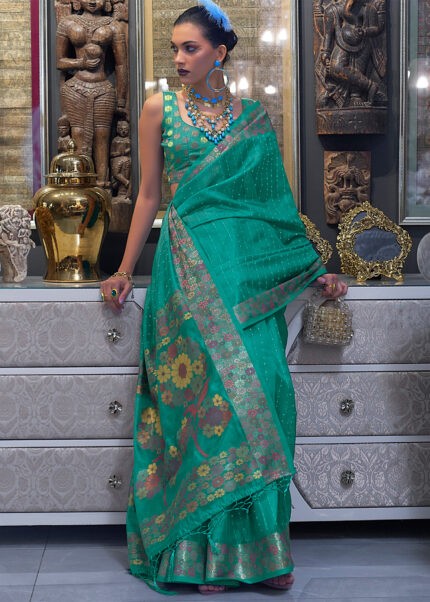 Opal Green Organza Silk Banarasi Saree