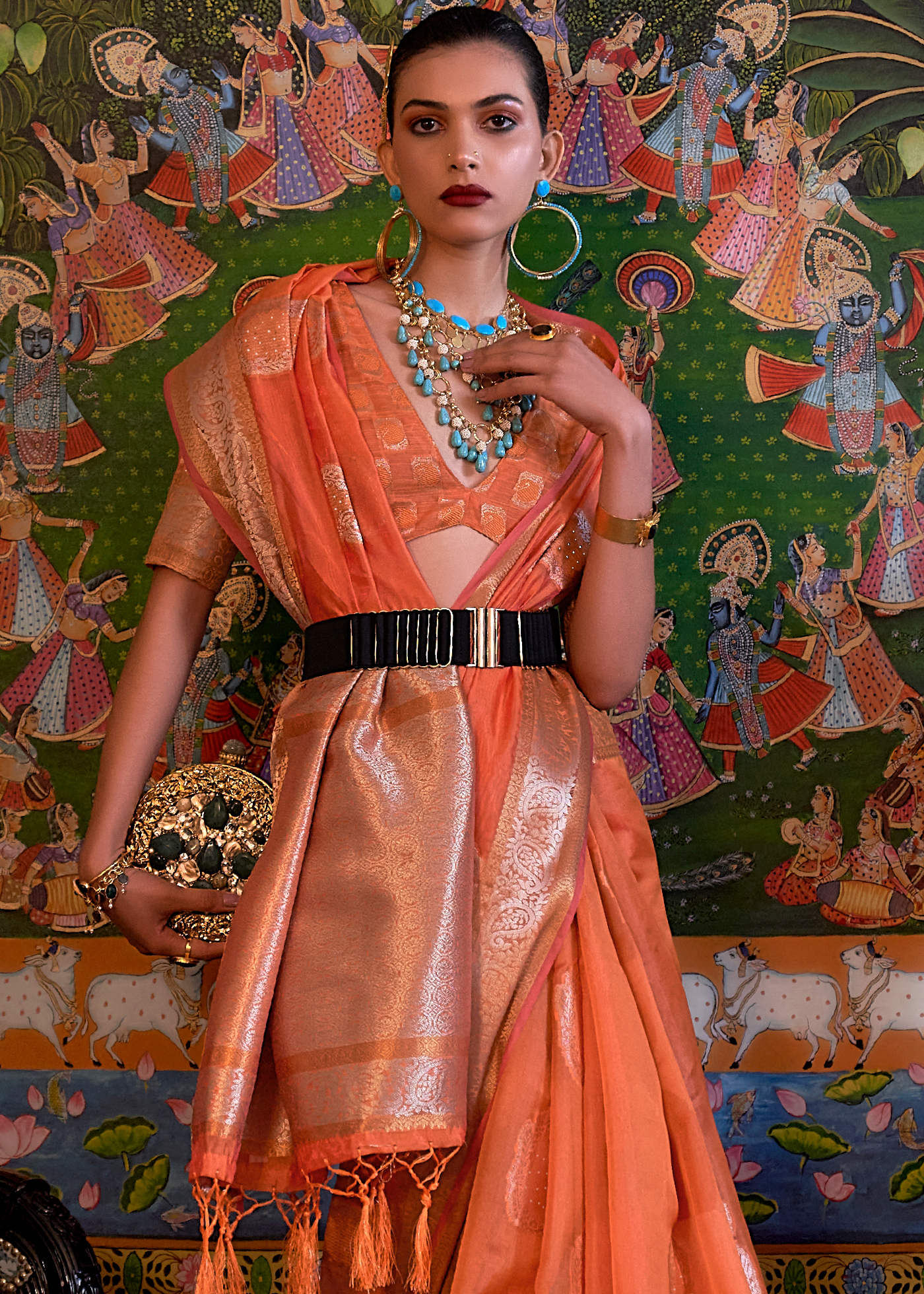 Pastel Orange Digital Printed Organza Saree – Kaleendi