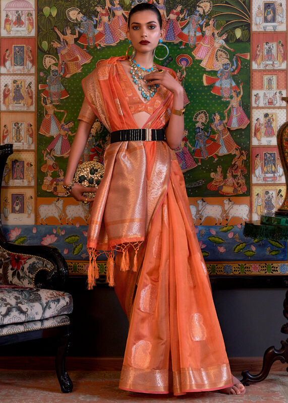 Orange Banarasi Organza Saree