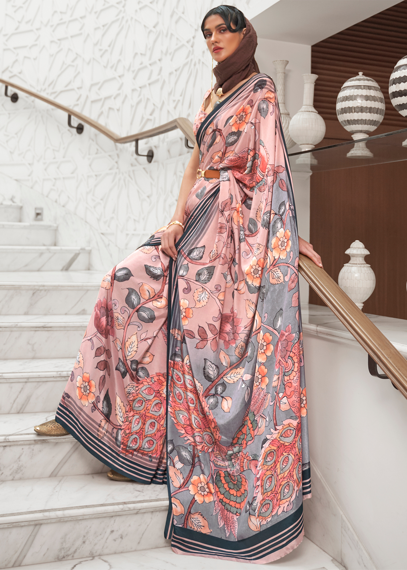 Buy Grey Beige Kalamkari Printed Kota Silk Saree Online | Shop Now