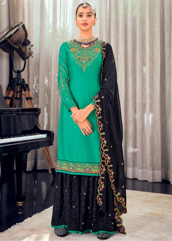 Persian Green & Midnight Blue Georgette Sharara Suit