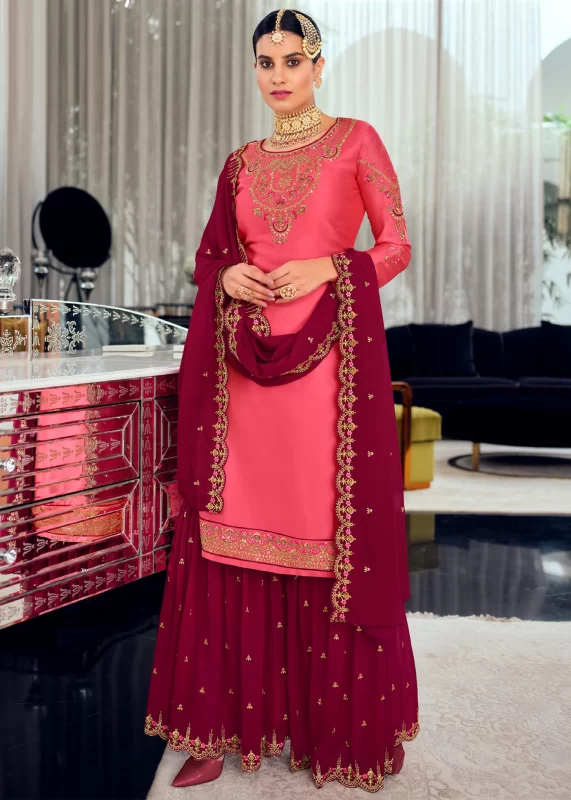 Pink & Burgundy Georgette Sharara Suit