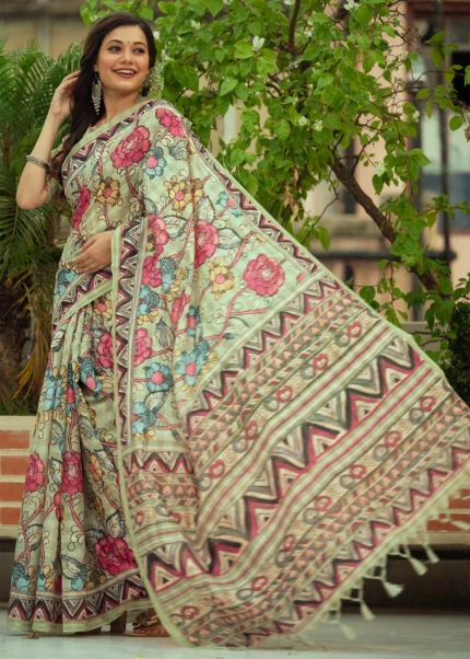 Pista Green Kalamkari Linen Saree