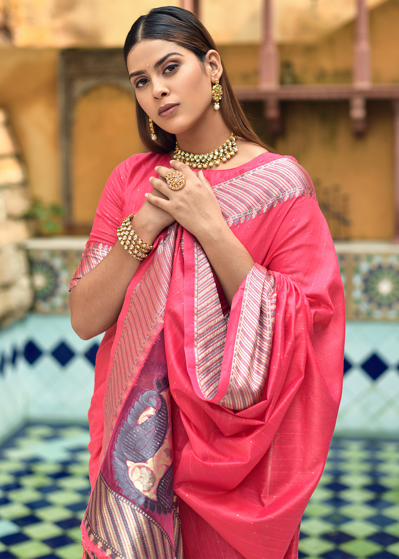 HOUSE OF BEGUM Womens Rani Pink Kubera Pattu Silk Saree With Blouse Pi –  F2FMART.com