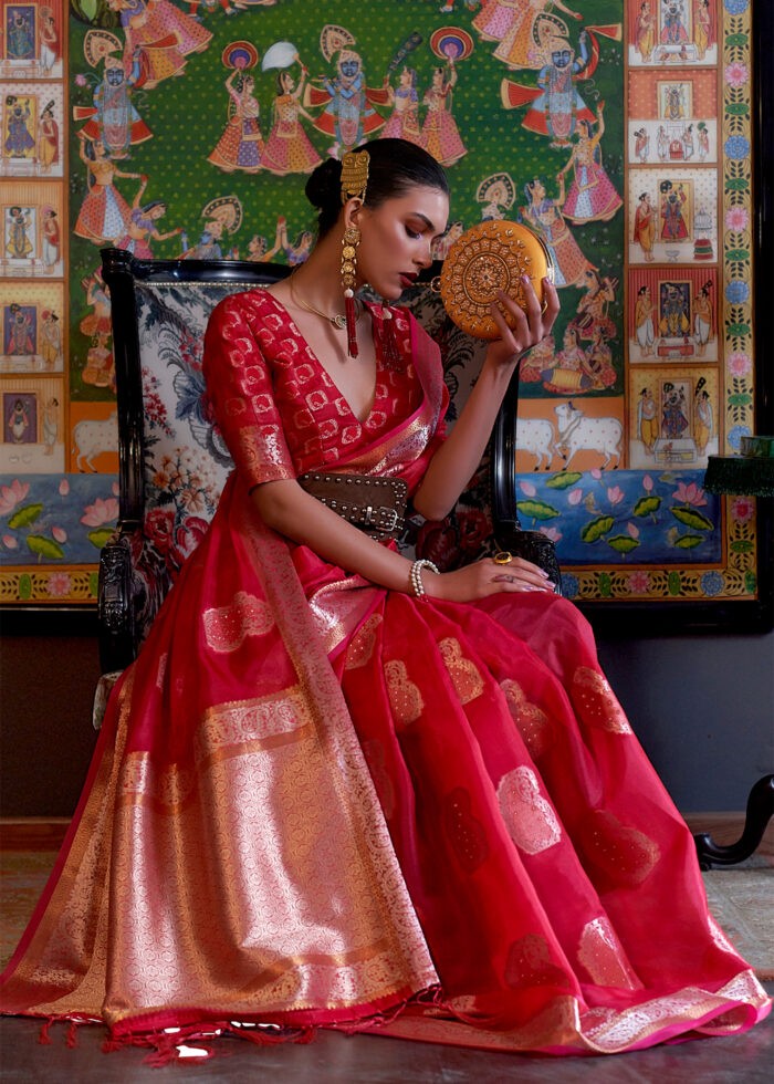 Raspberry Red Banarasi Organza Saree