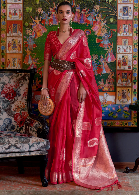 Raspberry Red Banarasi Organza Saree