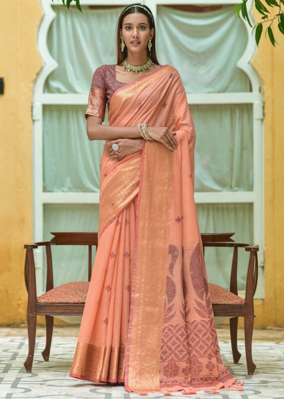 Rose Peach Cotton Silk Saree