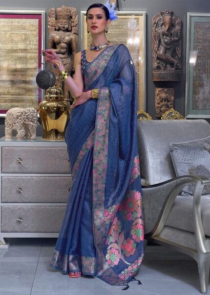 Sapphire Blue Organza Silk Banarasi Saree