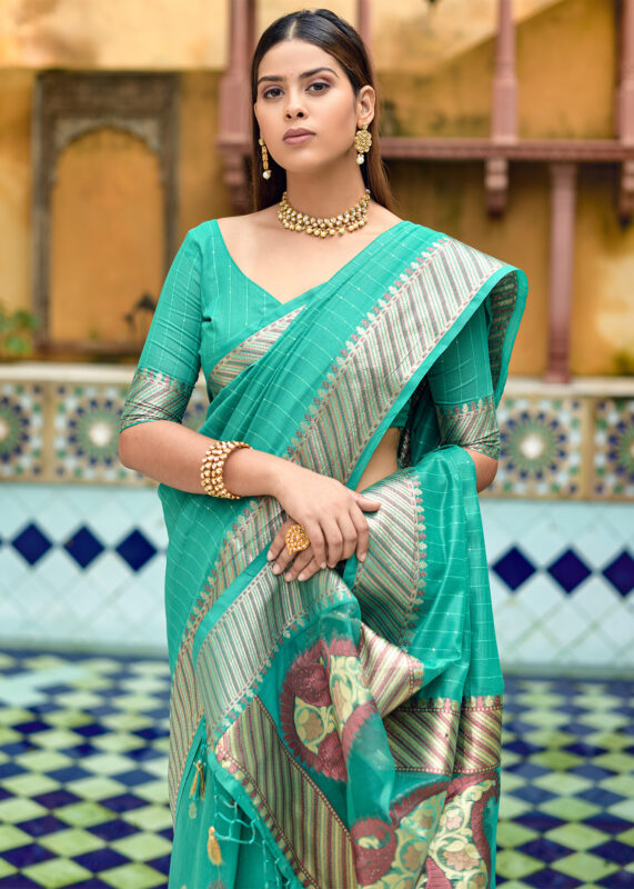 Sea Green Cotton Silk Banarasi Saree