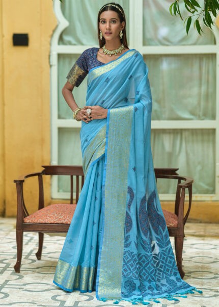 Sky Blue Cotton Silk Saree