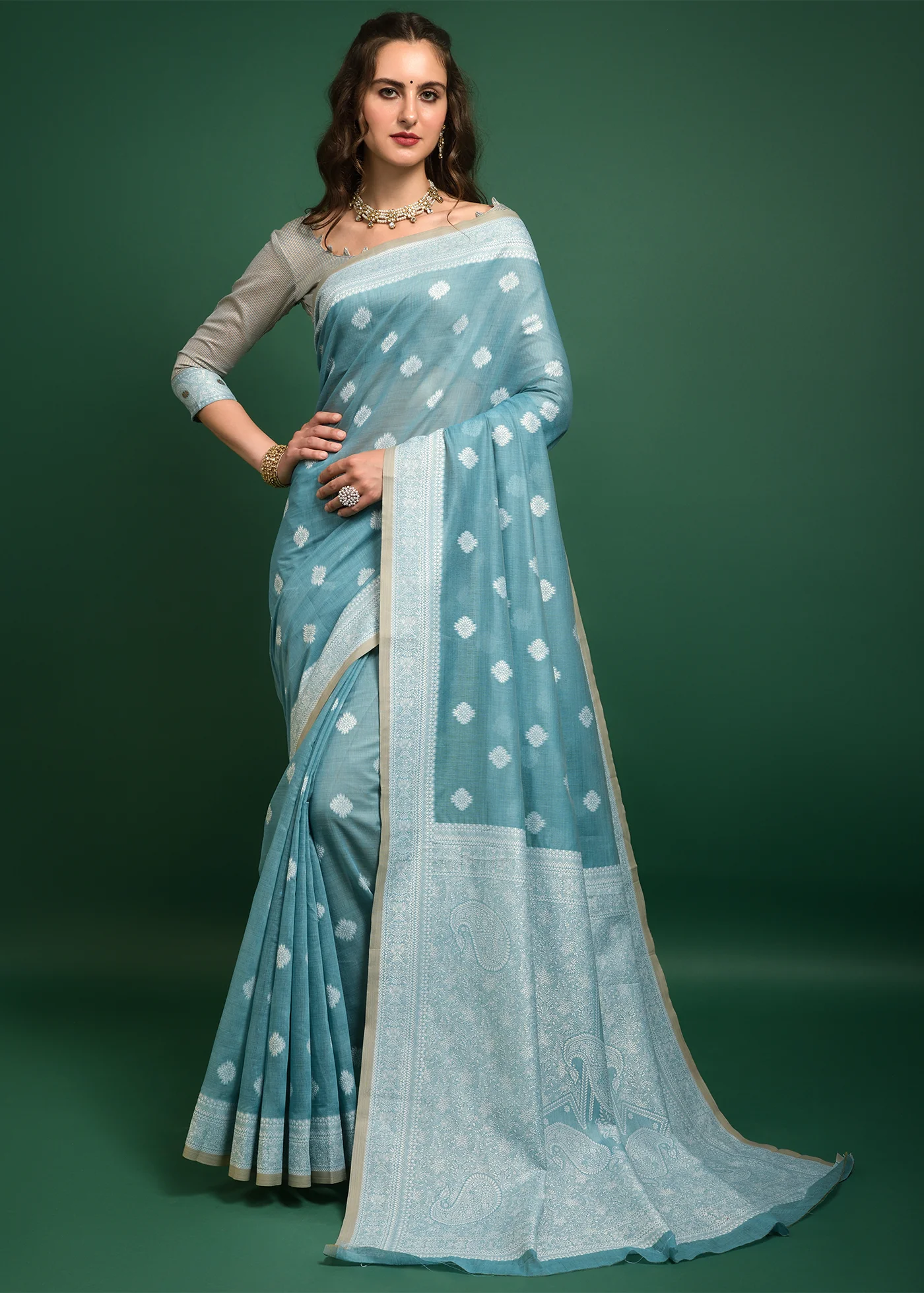 Shyamal Chikan Hand Embroidered Blue Cotton Lucknowi Chikankari Saree