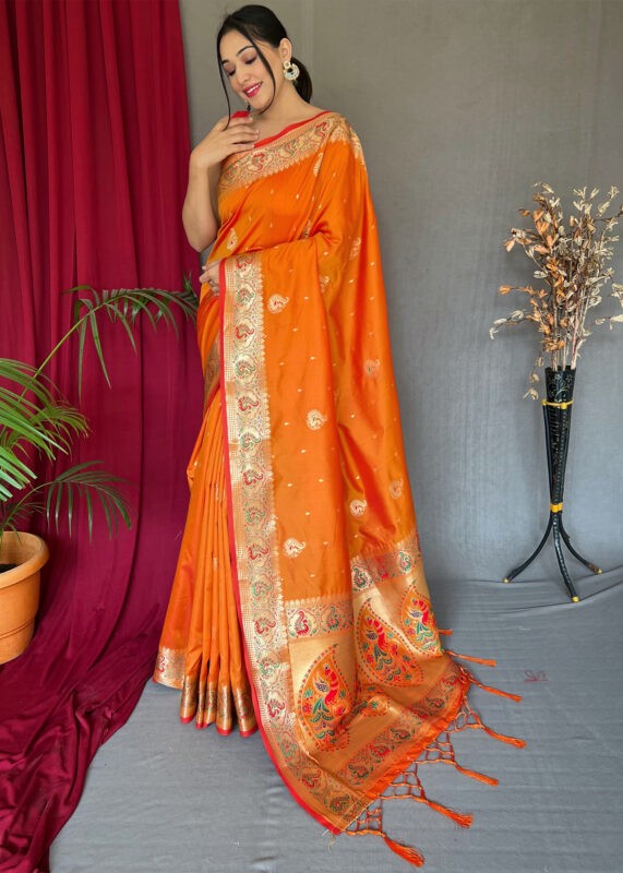 Tangerine Orange Paithani Silk Saree