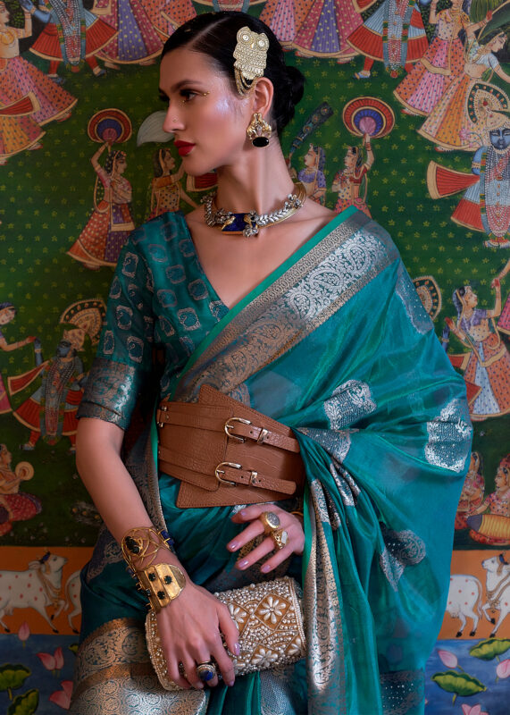 Teal Blue Banarasi Organza Saree