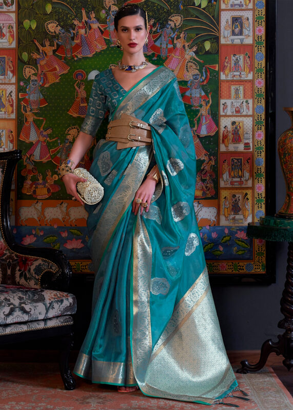 Teal Blue Banarasi Organza Saree