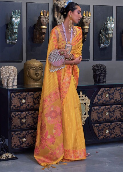 Turmeric Yellow Organza Silk Banarasi Saree