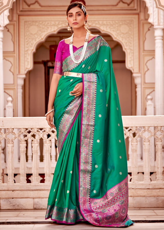 Dark Green Khadi Soft Silk Saree With Copper Zari Weaving Work – Rushini