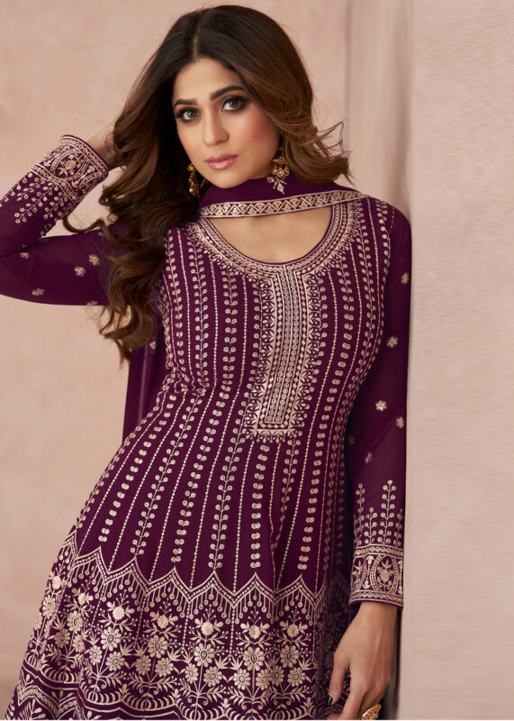 Wine Purple Embroidery Palazzo Suit