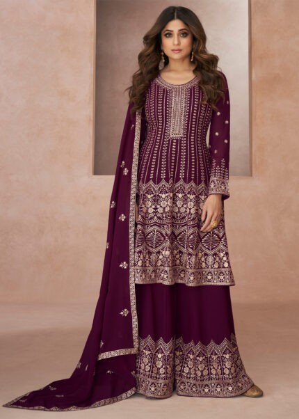 Wine Purple Embroidery Palazzo Suit