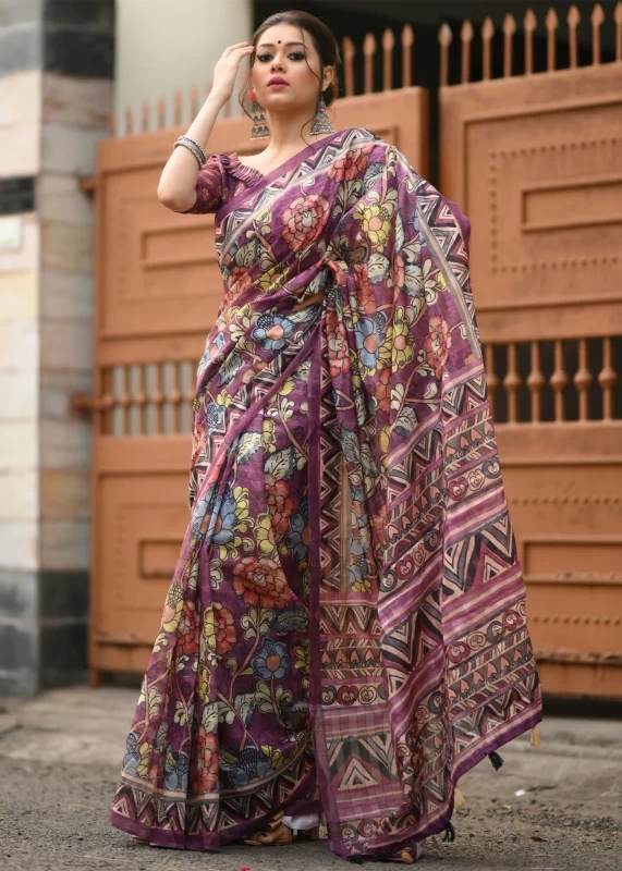 Wine Purple Kalamkari Linen Saree