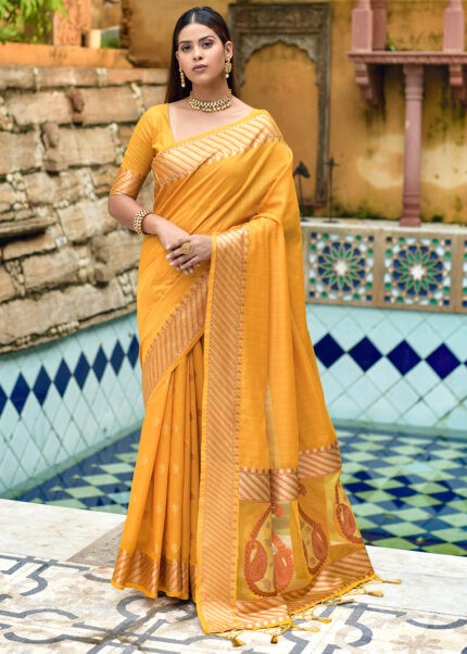 Yellow Cotton Silk Banarasi Saree