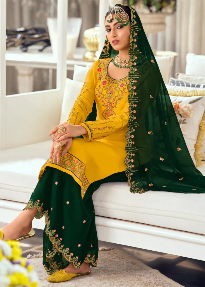 Zinc Yellow & Green Georgette Sharara Suit