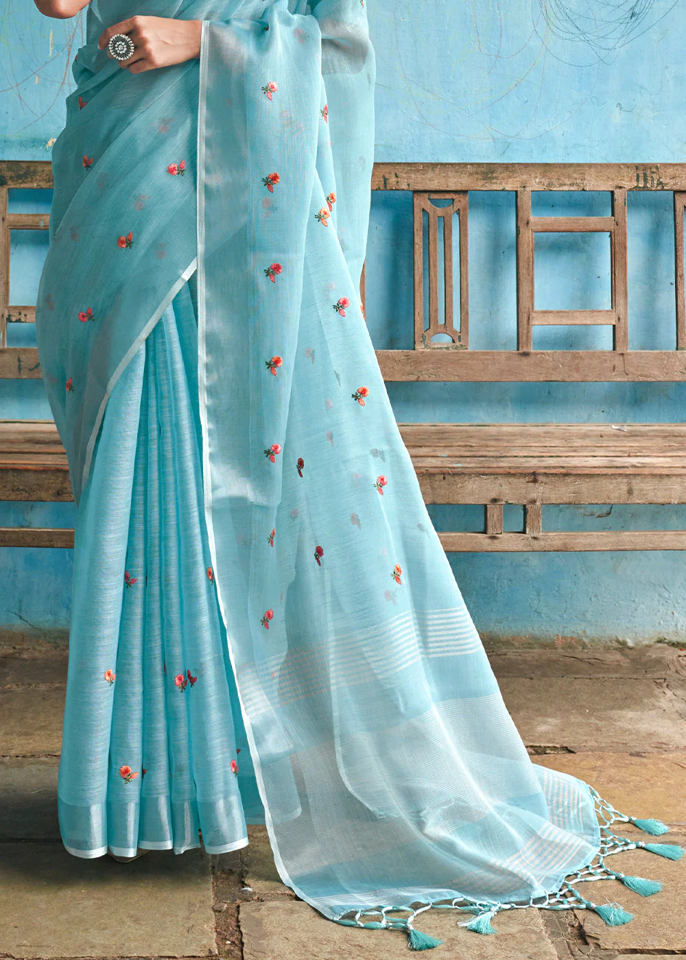 Buy Azure Blue Linen Saree online-Karagiri – Karagiri Global