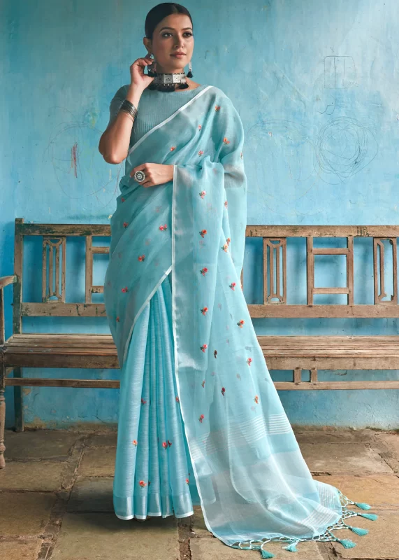 Baby Blue Embroidered Linen Saree