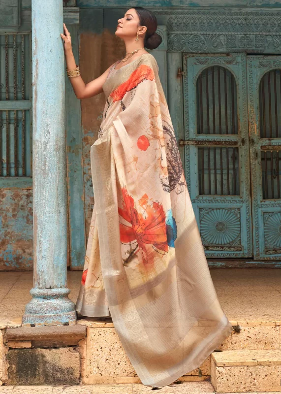 Beige Printed Linen Silk Saree