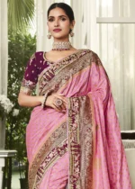 Carnation Pink Satin Silk Banarasi Saree