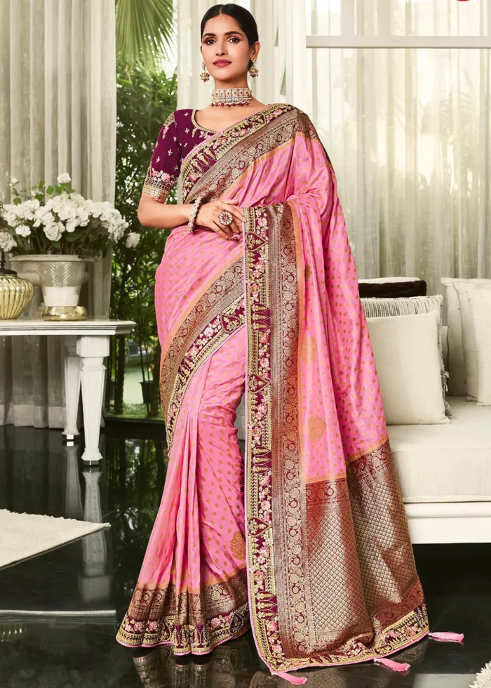 Carnation Pink Satin Silk Banarasi Saree