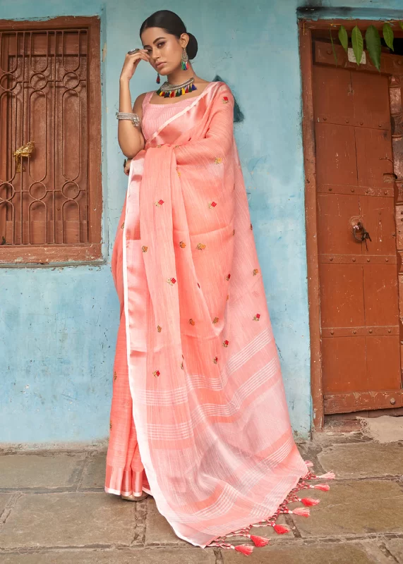 Coral Peach Embroidered Linen Saree